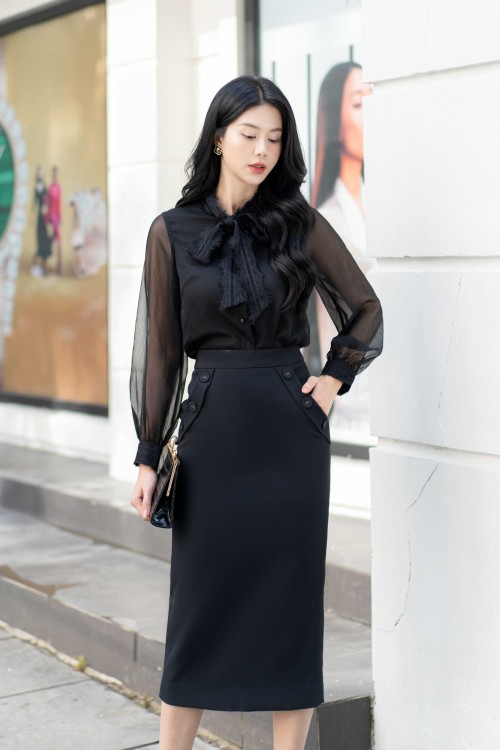 Sixdo Black Straight Midi Woven Skirt